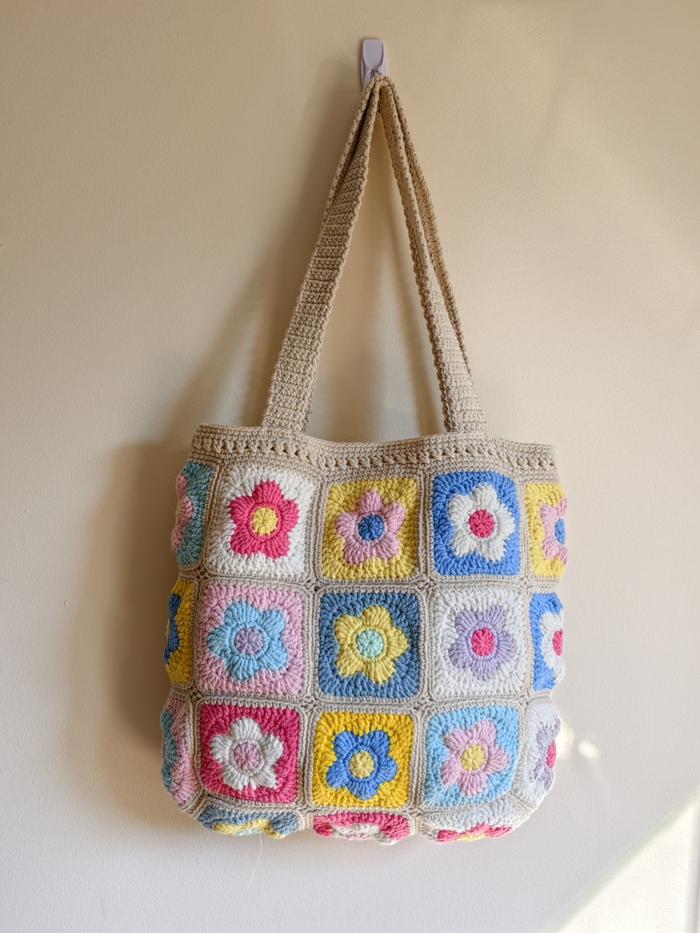 Handmade Crochet Floral Tote Bag in Cream and Multicolor